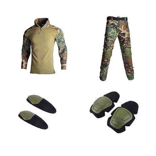 Aoleaky militäruniform tröja + byxor med knäarmbågsskydd utomhus taktisk kostym kamouflagekläder, EN8 Camo, L