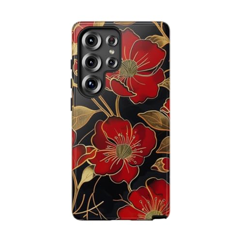 Coque Samsung S25 Ultra fleurie rouge et dorée : style brillant pour votre quotidien