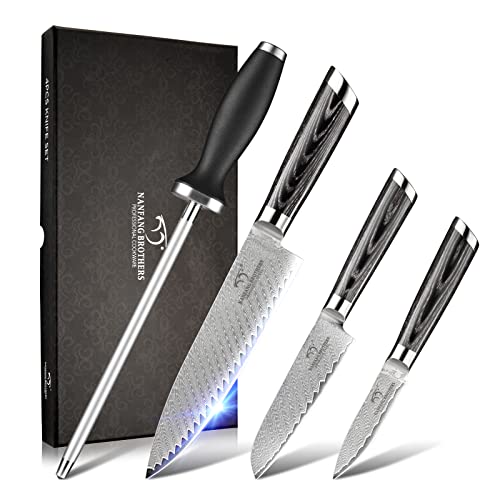 NANFANG BROTHERS Damascus Knife Set, Japanese 4 Pieces Kitchen Knife