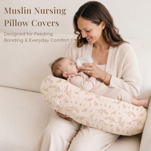 Image of Konssy 2-Pack Muslin Nursing Pillow Covers, Floral Soft Slipcover for Baby | Covers Only, 100% Cotton, Hidden Zipper, Washable, Breastfeeding Pillows Covers for Newborn Boys & Girls, (Pink, Floral)