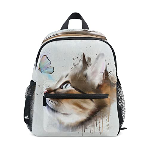 Mochila para niñas y niños, con diseño de gato, mariposa, diseño de acuarela, con etiquetas de nombre, bolsa de viaje para estudiantes preescolares, bolsa de pañales para jardín de infantes con correa