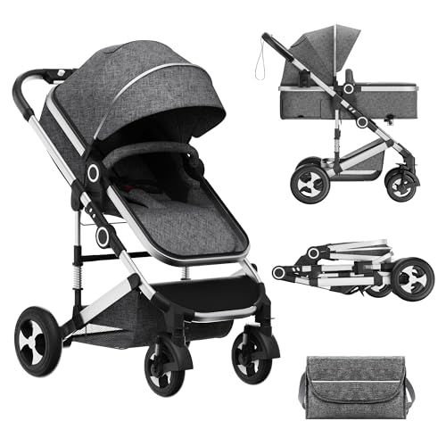TODEFULL Convertible Baby Stroller, 3 in 1 Folding Infant Stroller, High Landscape Pushchair w/Adjustable Backrest & Canopy, Newborn Bassinet Pram with Foot Cover, Storage Basket, Dark Grey