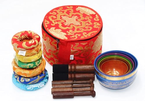 Sanskar Nepal - Tibetan Singing Bowl Set of 7, Handmade Singing Bowl for Meditation & Holistic Healing, Yoga Accessories, 3-5” Multicolored Singing Bowls with Wooden Striker, Cushion & Red Carry Box
