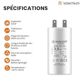 Lot de 2 Condensateurs 3,5 uF pour Volet Roulant SOMFY, SIMU, NICE - Réparation Condensateur de Moteur Haute Qualité 10Nm - Condensateur Cosses Faston 2,8mm pour Moteur de Volet et Store - VOLET TECH