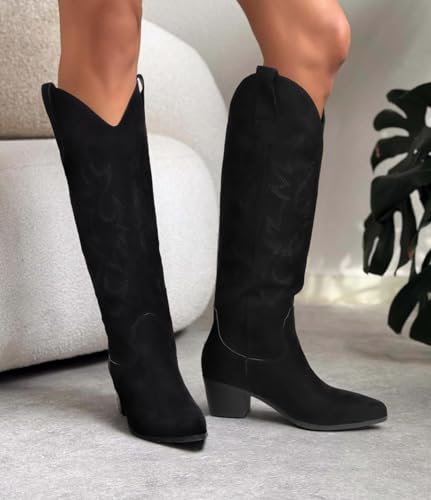 Image of STALOV Cowboy Boots for Women Pull On Chunky Heel Boots Knee High Cowgirl Boots Western Pointed Toe Boots Embroidered Suede Boots