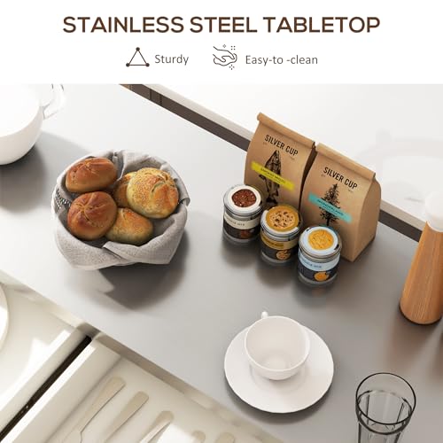 HOMCOM Rolling Kitchen Island Cart with Wheels, Portable Island Table for Kitchen with Stainless Steel Top, Adjustable Shelves, 2 Drawers, Spice, Knife and Towel Rack, Cream White