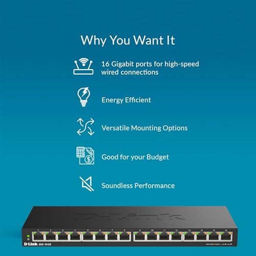 Image of D-Link 16 Port Gigabit Ethernet Unmanaged Slim Switch, Sturdy Metal with Shielded Ports, Silent Fanless, QoS, Plug and Play, Compact Desktop /Wall Mount, Flow Control, Energy Saving, Black (DGS-1016S)