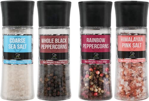 Soeos Black Peppercorns + White Sea Salt + Rainbow Peppercorns + Pink Salt, 9.8oz(277.82g) Spice Total, Plastic Bottle Grinder with Spice Included, Salt and Pepper Set, Grinder Set, Spice Set.