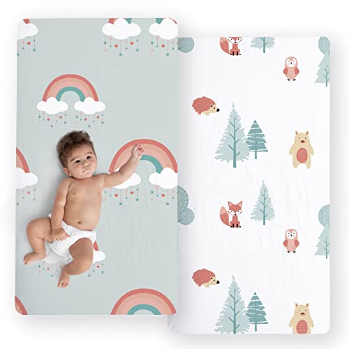 Image of JumpOff Jo - 2 Pack Fitted Crib Sheet, Super Soft Breathable 100% Cotton Baby Crib Sheet for Standard Crib Mattresses and Toddler Beds, 28 in. x 52 in. - Woodland & Rainbows