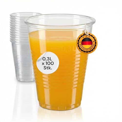 LogiPack GeRo 100 Stück Trinkbecher Made in Germany | Eichstrich 0,3l | Bierbecher Plastikbecher Einwegbecher aus Kunststoff PP (Polypropylen), Transparent klar | Ausschankbecher (100)