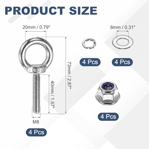 Image of PATIKIL M8 x 40mm Shoulder Eye Bolt, 4 Pcs 304 Stainless Steel Lifting Ring Threaded Eye Bolt with Flange Lock Nuts Spring and Flat Washers for Hanging Tie Down Straps Outdoor Indoor