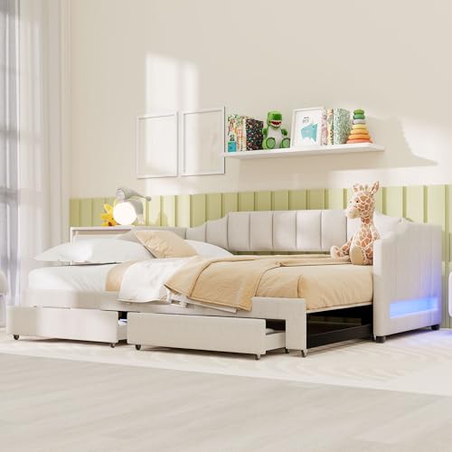 Merax Twin XL to King Extendable Upholstered Daybed with Trundle, 2 Storage Drawers & Lights, Convertible Sleeper Sofa Bed, Beige Linen Fabric, Solid Pine Wood Frame, No Box Spring Needed, Beige by Merax - Image 3