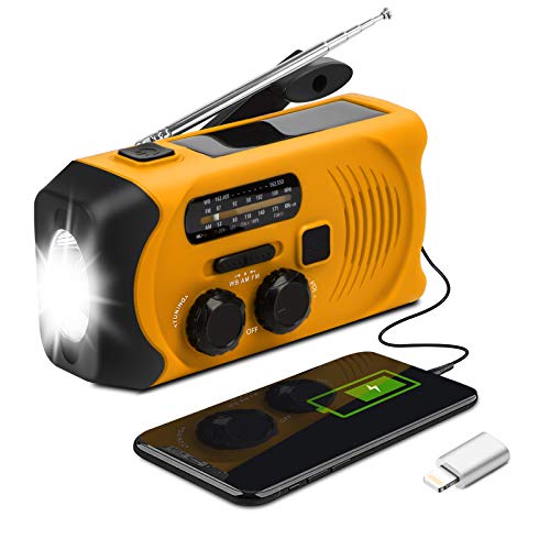 Emergency Weather Radio - Maxuni Solar Hand Crank Portable NOAA Weather Radio with AM/FM, LED Flashlight, USB Charger and SOS Alarm, 7 in 1 Emergency Whistle with Compass and Thermometer (Orange)