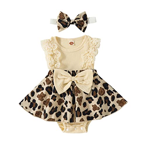 Image of KAFIREN Baby Girl Clothes Newborn Romper Dress Infant Lace Ruffle Sleeveless Summer Outfits with Headband Leopard Flower 3-6 Months 80cm