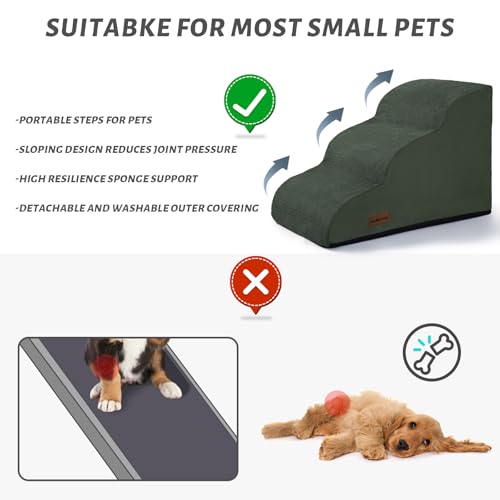 Image of Aodisman Dog Stairs for Small Dogs and Cats,3-Step Pet Ramp for Couch,Chair | 15.7 inch H Non-Slip Sturdy Dog Steps with Curved Ramp for Senior,Short-Legged Dogs,Puppy and Cats to Reach Sofa or Chair,Green
