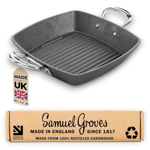 Samuel Groves 26cm Square Grill Pan Britannia Recycled Cast Iron Pre Seasoned Square Griddle Pan Skillet BBQ Cookware Range UK Made