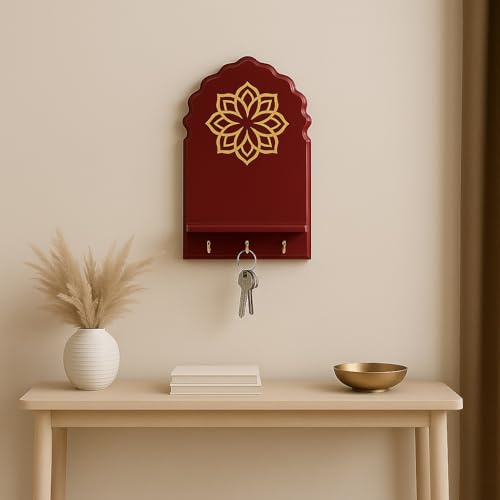 Image of Globally Indian Engineered Wood Keys Holder for Wall with Shelf | Mandala Design Key Stand Organizer for Home Entrance |Decorative Key Hanger for Wall, Entryway, Living Room |Floating Wall Shelf (Red)