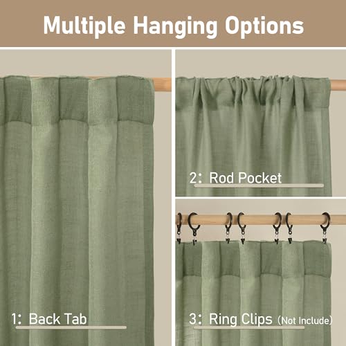 LAMIT Sage Green Linen Curtains 30 Inch Length, Semi Sheer Light Filtering Window Panels Back Tab and Rod Pocket Drapes for Kitchen/Basement/Small Windows, 25 x 30 Inch, 2 Panels
