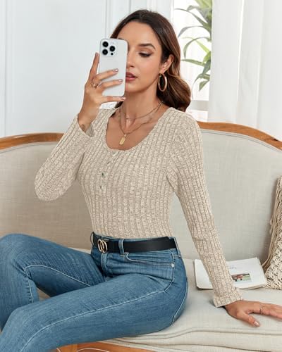 WNEEDU Camisas de Manga Larga Herbest Camisas Henley para Mujer Jersey Slim 2024 con Botones Albaricoque L