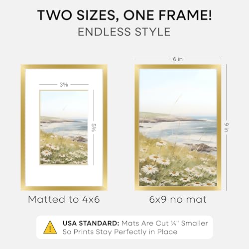 Image of Homeforia 6x9 Picture Frame Gold, High End Metal 6 x 9 Frames with Mat 4 by 6 for Print, Photo Frame 6x9 Gold Matted to 4x6 inches Art, 6by9 Wall or Tabletop Frames, Tempered Glass, Wall Kit, Set of 2