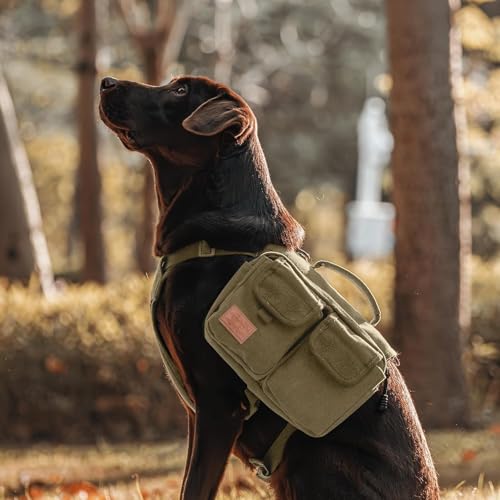 OneTigris Hundegeschirr mit Tasche, Hoppy Camper 3.0 Camping Wandern Hunderucksack für für Mittlere/Große Hunde, Rucksack für Hunderücken 2 Haupttaschen 4 Nebentaschen - Braun M