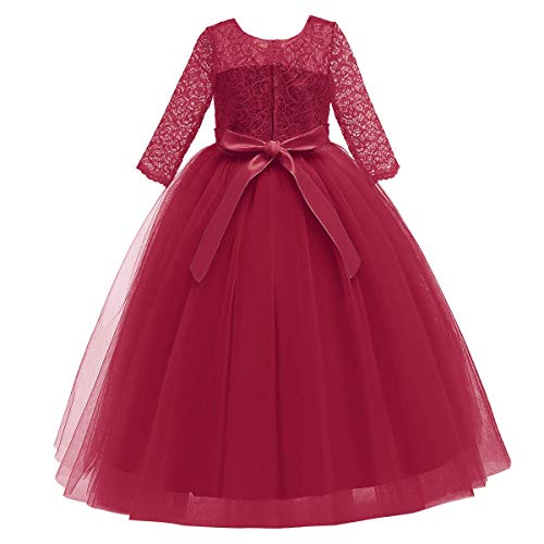 Image of Girls Flower Vintage Floral Lace 3 /4 Sleeves Floor Length Dress Wedding Party Evening Formal Pegeant Dance Gown