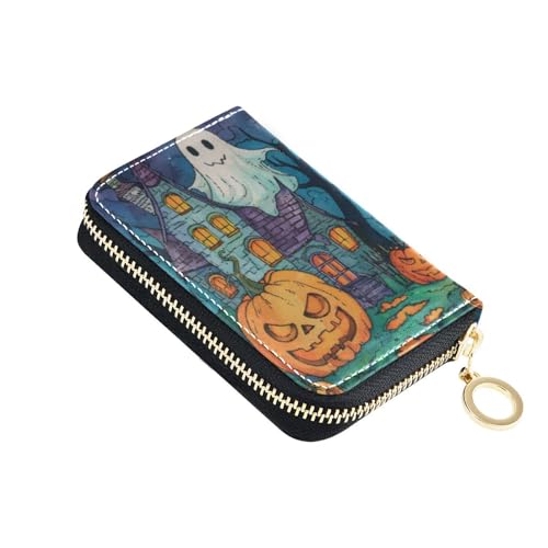 RFID Credit Card Holder Halloween Castle Bat Leather With Zipper Card Case Wallet for Women Girls