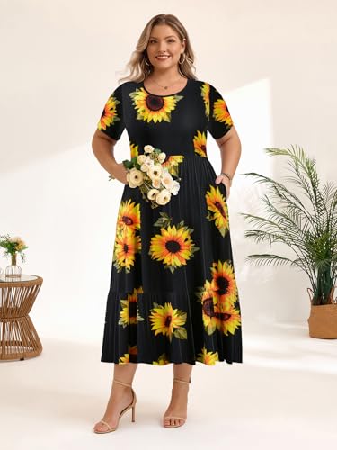Image of LARACE Plus Size Dresses for Women Summer Casual Short Sleeve Long Dress Flowy Maxi Beach Dresses with Pockets L-6XL(Flower35 6X)