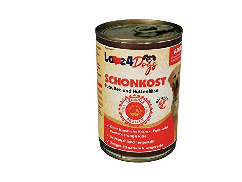 Love4Dog´s Nassfutter SCHONKOST für ausgewachsene Sensible Hunde | 6x400g | Pute mit Reis und Hüttenkäse | Hundenassfutter | Alleinfutter | ohne Zusatzstoffe