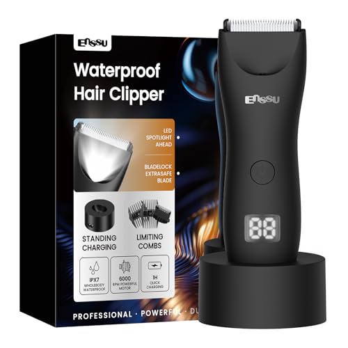 ENSSU Aparador de pelos corporais masculino – Aparador Meridiano à prova d'água com luz LED, motor rápido de 6000 RPM, 5 configurações de comprimento, IPX7 para púbico, peito e bolas (Preto)