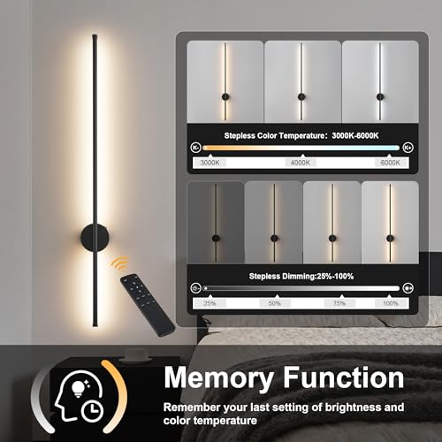 Image of KARTOOSH Black Battery Operated Wall Sconce Set of Two with Motion Sensor | Rechargeable Wireless Wall Lights with Remote Control, Dimmable, 3000K /4000K /6000K, Timer for Living Room, Hallway,39.3 Inch