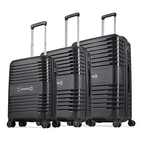 Aristocrat Harbour Set of 3 Trolley Bag 55, 66 & 76 cm | Small+Medium+Large | Polypropylene Hard Luggage | Smooth 8-Wheel Suitcase | Combination Lock, Sturdy Zipper | 3-Year Warranty - Unisex (Black)