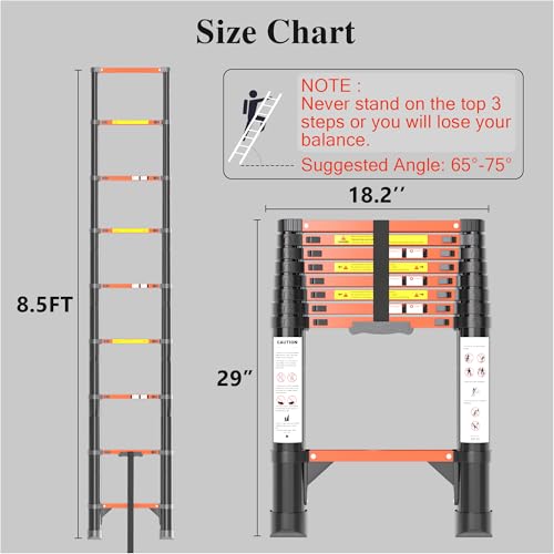Image of Telescoping Ladder Extension Telescopic Collapsible - 8.5 FT Rv Telescope Foldable Extendable Tall Compact Aluminum Ladders - for House Roof Travel Trailers Adjustable Retractable - 330lbs Capacity