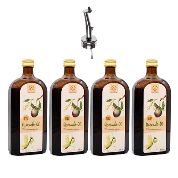 Bio-Avocadoöl 2 Liter (4x 500ml Braunglasflasche) nativ, kaltgepresst, aus kleinbäuerlichem Biolandbau