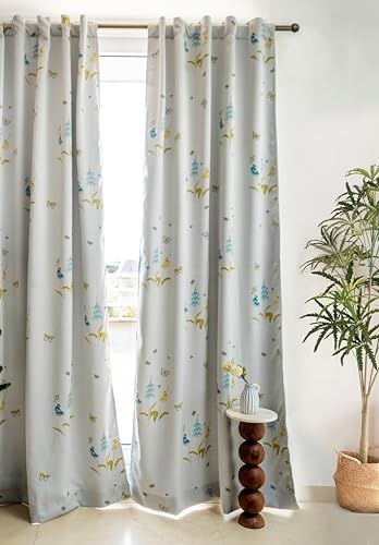Image of Tranquebar Curtain Co. Semi Blackout Curtains 7 Feet Long, 80% Blackout, Blue Butterfly & Floral Print, Grey Fabric, Heavy Polyester, BackTab Loops, Titli (213 cm) - 1 Piece