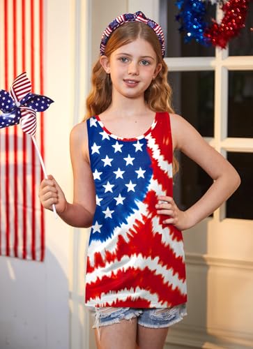 Image of 4th of July Girls Flag Tank Top Back Bow Sleeveless Patriotic Holidays T-Shirt 4-14 Years