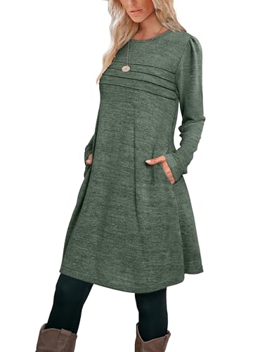 Image of OFEEFAN Womens Long Sleeve Tunic Dress Fall Fashion Sweater Dress with Pockets Pleated Front Casual Winter