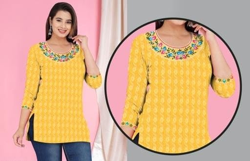 Image of HMS Women Ethnic Short Kurti with Modern Minimal Stylish Look Perfect for Everyday Fashion Appeal Yellow 2XS