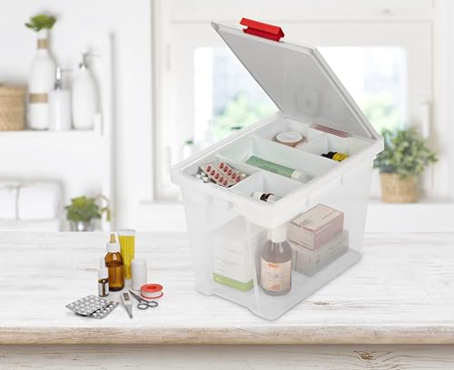 Image of TATAY First Aid Box 15L | Plastic Storage Box with Lid and 5-Compartment Tray | Lid with Hinges Included | Ergonomic Handles | Recycled BPA-Free Plastic | 25x36x26 cm, White