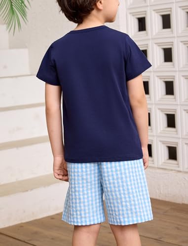 Image of OBEEII Back to School Outfit Toddler Boy Short Sleeve Graphic Shirt Gingham Shorts First Day of School Summer Clothing Set