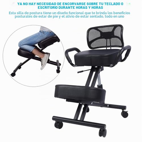 Silla de Rodillas, Silla de Rodillas Ergonómica, Silla de Escritorio Ajustable para Mejorar la Postura con Ruedas Y Respaldo, Silla de Postura Ergonómica para el Hogar, Oficina, Escritorio, Sala de Re