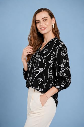 Image of Women Abstract Printed White V Neck Top, Three Quarter Sleeve, Regular Fit, Casual Office Wear