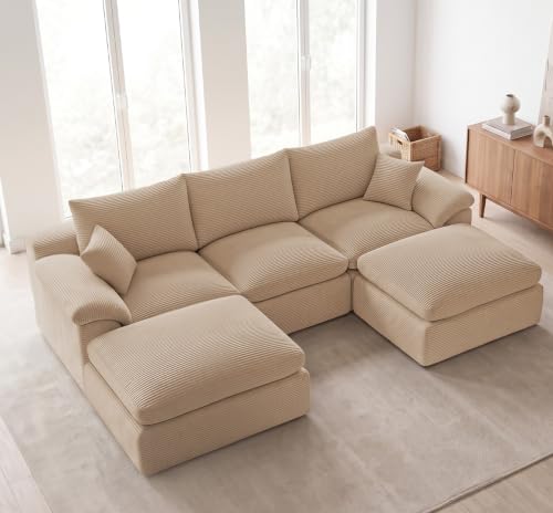 Image of Cloud Sectional Couch, Boneless Couch Modular Sofa, Camel | U shaped, Couches for Living Room & Apartments, Deep Seat & Convertible Ottoman, Kid & Pet Friendly, Family Ready