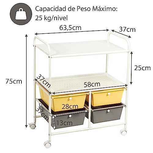 COSTWAY Carrito Auxiliar con Ruedas, Carritos de Servicio de 4 Cajones con Ruedas, Carrito de Almacenamiento con un Estante, Carrito Organizador con 4 Ruedas para Cocina Baño, Armarillo Y Gris - imagen 7