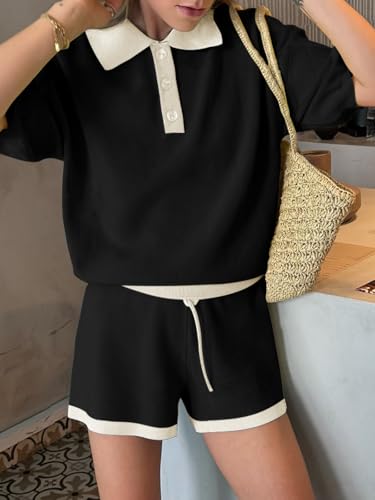Image of Tankaneo Womens 2 Piece Short Sets Short Sleeve Knit Tops Vacation Outfits | Sweater Fabric, 2026 Summer, Collared, Matching Lounge Set