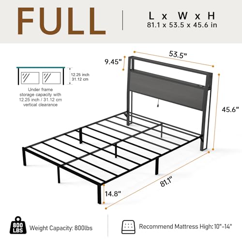 Image of RVONOW Full Size Bed Frame with Headboard, Metal Platform Bed Frame with LED Lights & Charging Station, Under Bed Storage, Solid and Stable, No Box Spring Needed, Noise Free, Easy Assembly, Dark Grey