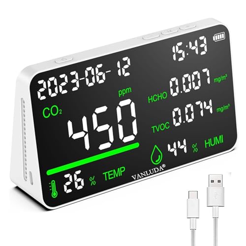 7-in-1 Indoor Air Quality Monitor,Desktop CO2/TVOC/HCHO Detector with Temperature,Humidity,Time & Date Display,High Accuracy,Ideal for Wildfire Monotoring,Home,Office,and School Use