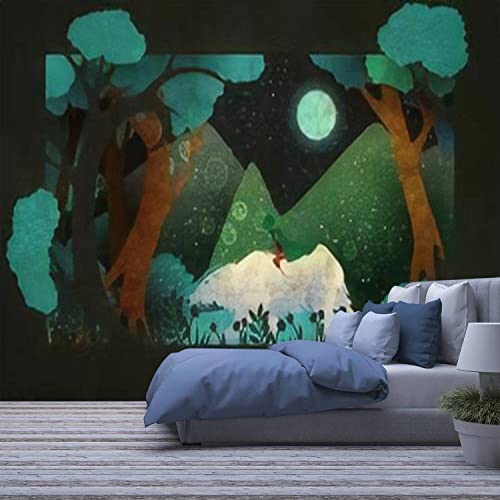 Afwadfwa Modern 3D Removable Wallpaper Self-Adhesive Girl Riding On The Polar Bear In Front Of Forest Mountains And Night Wall Murals Peel And Stick Wall Stickers For Living Room Bedroom Wall Decor #TOP12