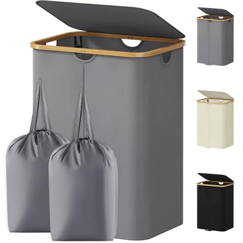 Lifewit 145L Laundry Basket with Lid, Clothes Hampers for Laundry with Bamboo Handles and Removable Laundry Bags, Large Foldable Laundry Hamper for Bedroom, Bathroom, Dorm, Laundry Room, Grey