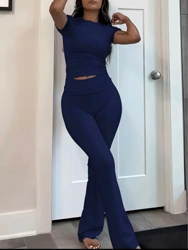 Image of AYWA Women's 2 Piece Lounge Sets Short Sleeve Crop Top Foldover Flare Pants Casual Pajama Outfits